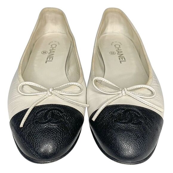 Chanel CC Cap Toe Ballet Flats Silvery White & Black Leather EU 39.5 Ballerinas - Picture 3 of 13